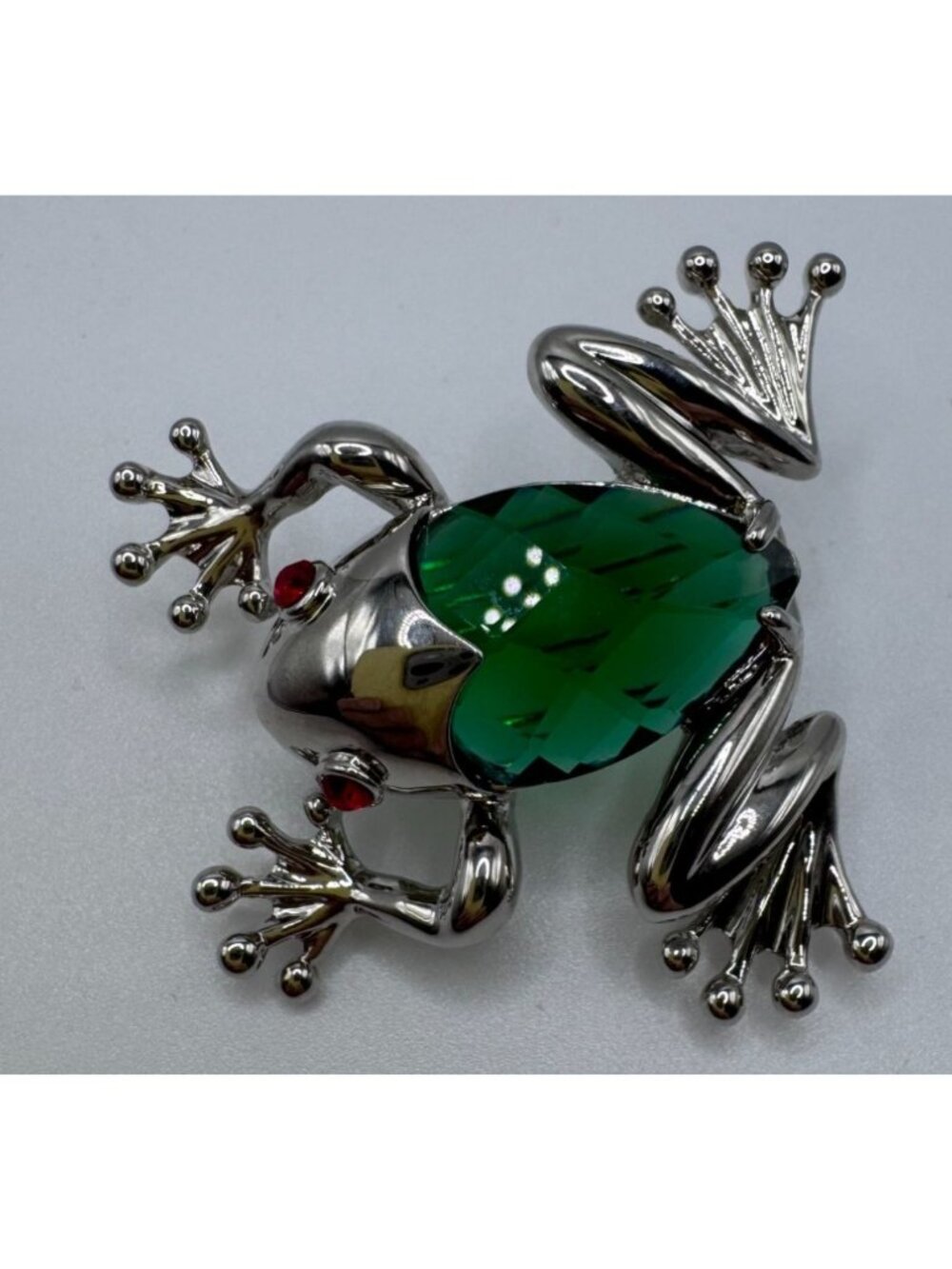 Whimsical Silver Tone Tree Frog Pin Big Green Faceted Gemstone Red Rhinestone Ey